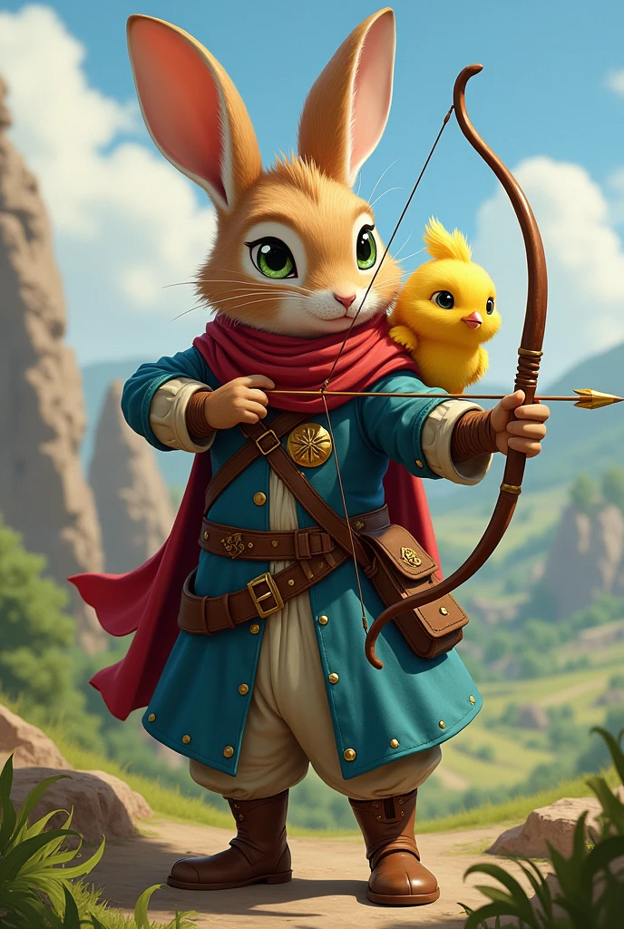 A rabbit archer with medieval clothes in shades of blue, with green eyes and a pet chick with a red scarf