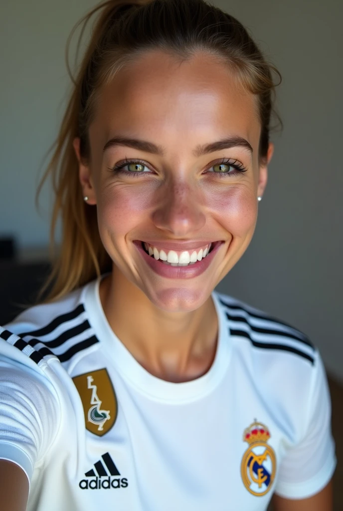 Selfie(best quality)), ((masterpiece)), (detailed), perfect face,perfect body,perfect eyes, smile,tight realmadrid jersey