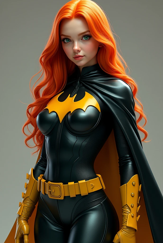 FULL BODY. A TEEN FEMALE WITH A HOT BODY, LONG ORANGE HAIR AND GREEN EYES WEARING A COMPLETE 2024 BATGIRL COSTUME AND CAPE. ABSURD 8K RESOLUTION, INCREDIBLY DETAILED SKIN AND EYES.