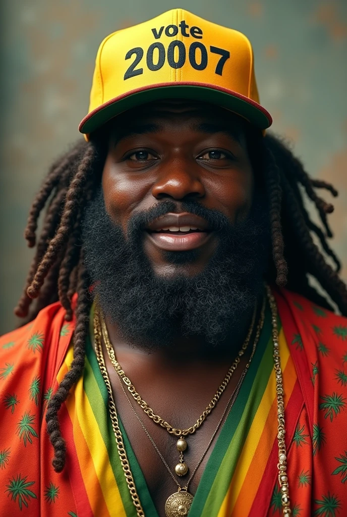Rastafarian pothead candidate, very fat and black. with cap written: vote 20007