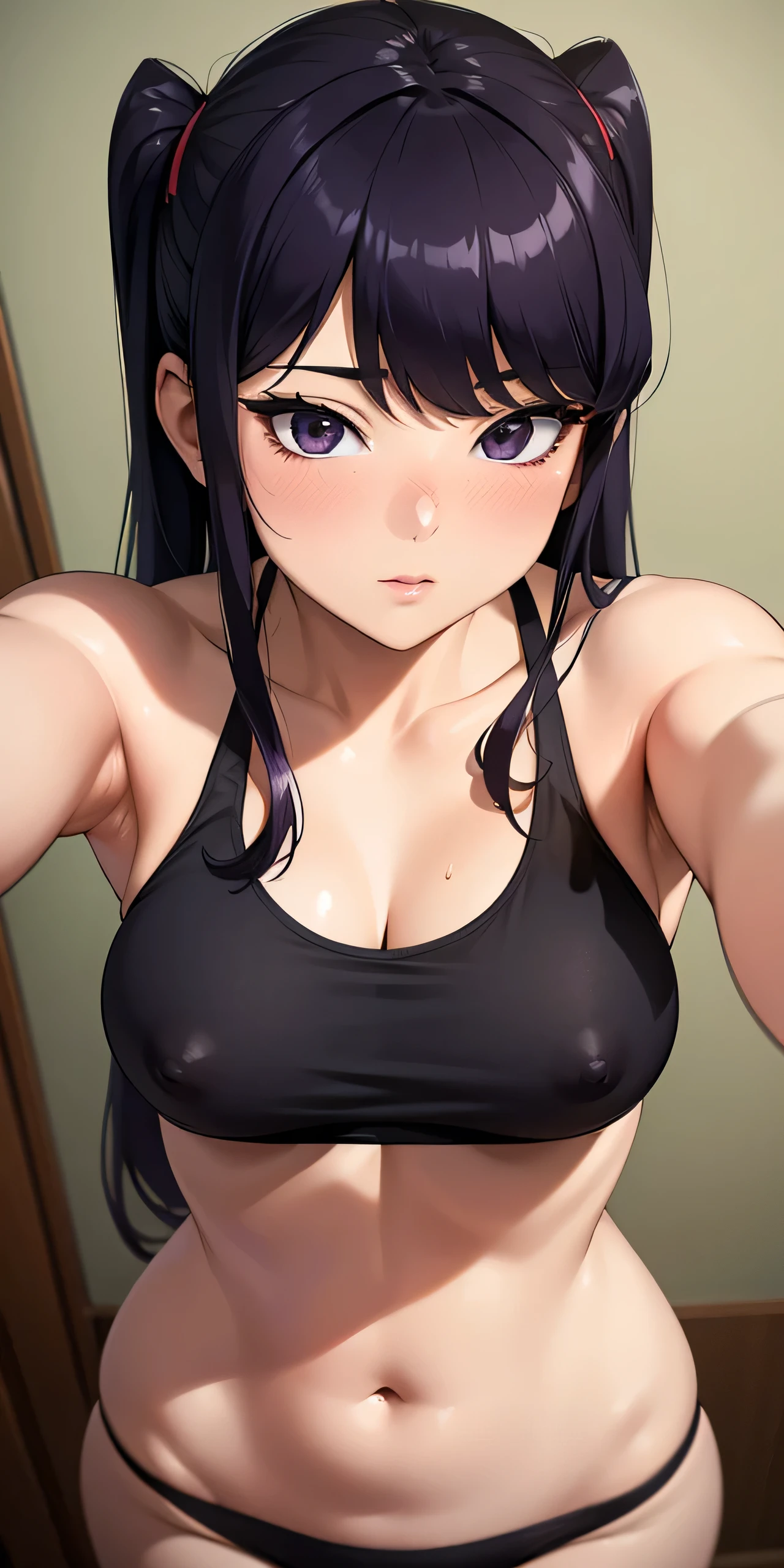 1 Female,High definition,high resolution,Ultra-realistic,8K, Komi Shouko, solo, Purple eyes, Dark Purple hair, twintails,European,sexy,Upper body close-up,I Front,Photographed from the front,Looking to the Camera,Dynamic Angles,private teacher,A little sheer underwear,Red underwear,blush, huge , nipples ,show , Sports bra, micro sports bra, erect nipples , Open breast sports bra , Point of view from above, White sports car , Half-naked breasts, Komi's very small breasts bra that does not cover her huge breasts