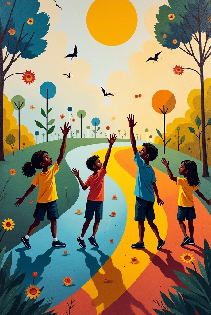 school mural, colors yellow blue and white, with drawings about leaving a mark, sow harvest