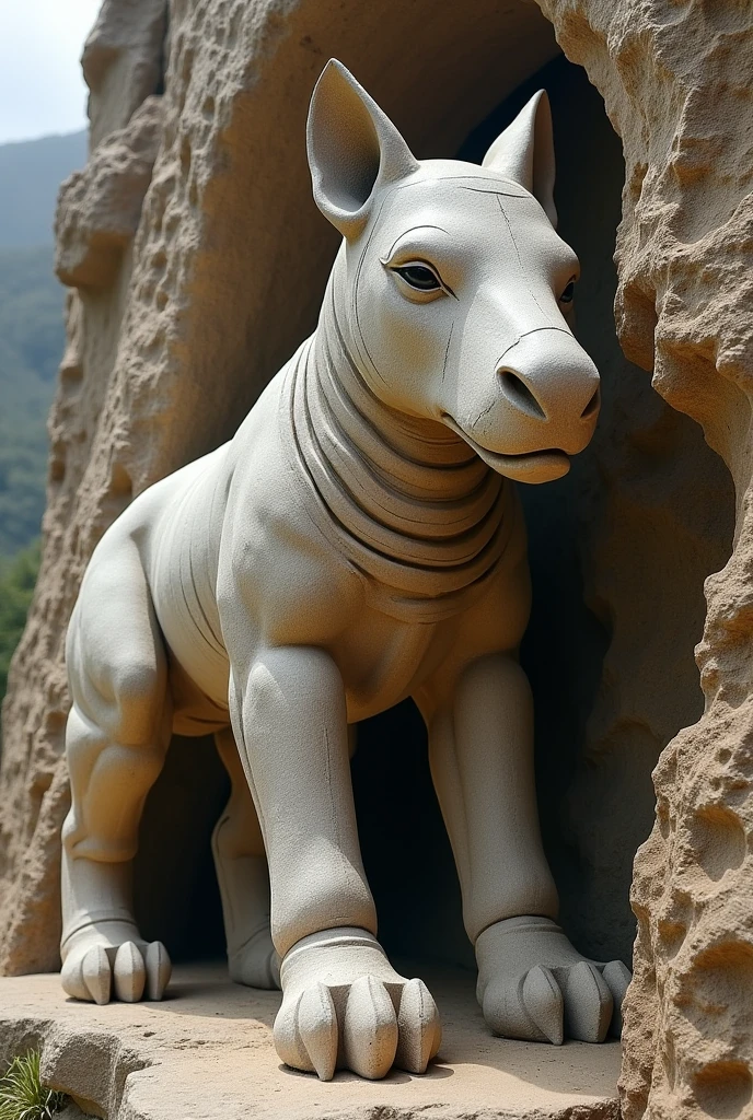 A tapir made of rock, sphynx look alike, indigenous woman fac
