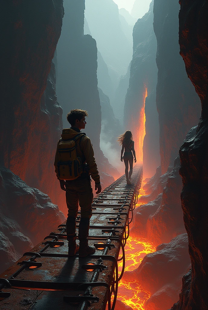 A dark cave with a huge cliff with a river of lava and a long, rusty iron bridge connecting the exit of the cave and the other part of the cave with the exit to a mountain.. And there are also two scientists, a young man and a woman with loose hair, about to cross the bridge.. The woman in the middle of the bridge and the man at the end of the bridge 
