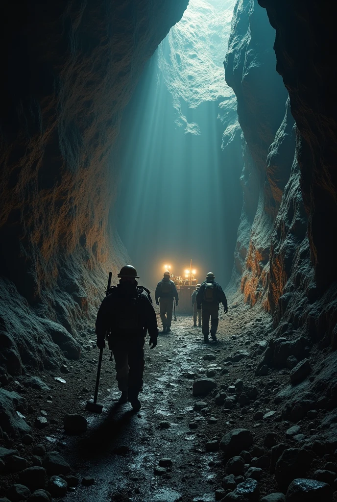 underground mining and men walking, In HORIZONTAL format, that it be in a cave without access to natural light