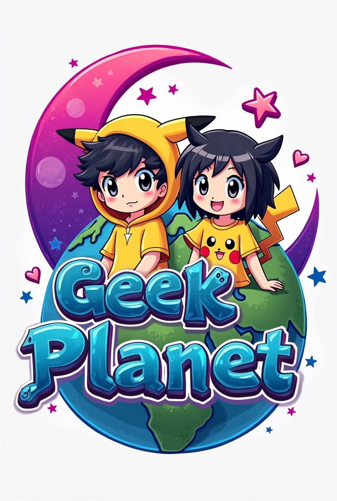 A logo with a world in the background, the pink and purple crescent moon and star heart symbol in the upper left corner in vivid colors, one or two anime figures, a boy with curly wavy hair and a girl with straight hair wearing Pikachu t-shirts and a One Piece hat, and have the name geek planet in the middle