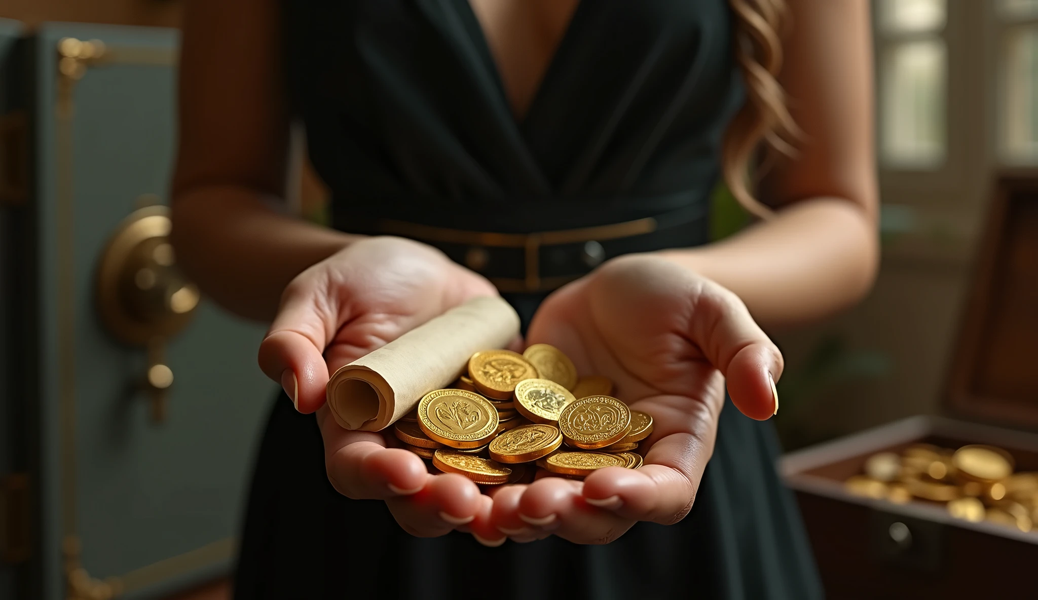 Create a hyper-realistic and mysterious image of a female hand holding a gold coin, while the other hand holds a rolled up parchment, symbolizing the choice between material wealth and wisdom. The background should be softly blurred, showing just a glimpse of an open safe filled with coins and a simple wooden chest partially opened, revealing the parchment inside. Lighting should be soft and golden, creating an atmosphere of decision and mystery, with a focus on choice that reflects the teaching that wisdom is more valuable than gold.