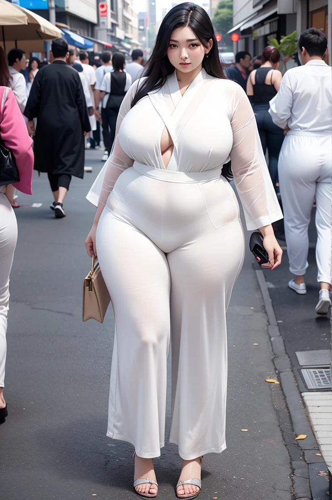 Arab Japanese woman on the street , Attractive voluptuous body , Wearing a white jumpsuit pajamas, Beautiful woman, in great detail , sunken waist, huge breasts, huge ass, wide hips, long legs, tall ,thick high, group, Full body on camera, Wearing a strap wedge