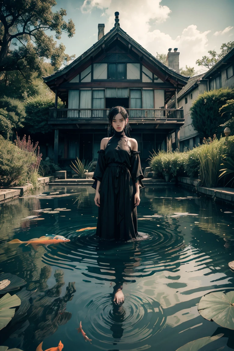 Horror. Macabre. old vintage photo. miasma. dread. Pond in the patio of an abandoned house, with koi fish swimming inside it. A barefeet woman in black clothes stands in the pond. The scene is captured through old photo, surrealism, showcasing the eerie nature amidst urban decay. over the shoulder shot. cinematic lighting.