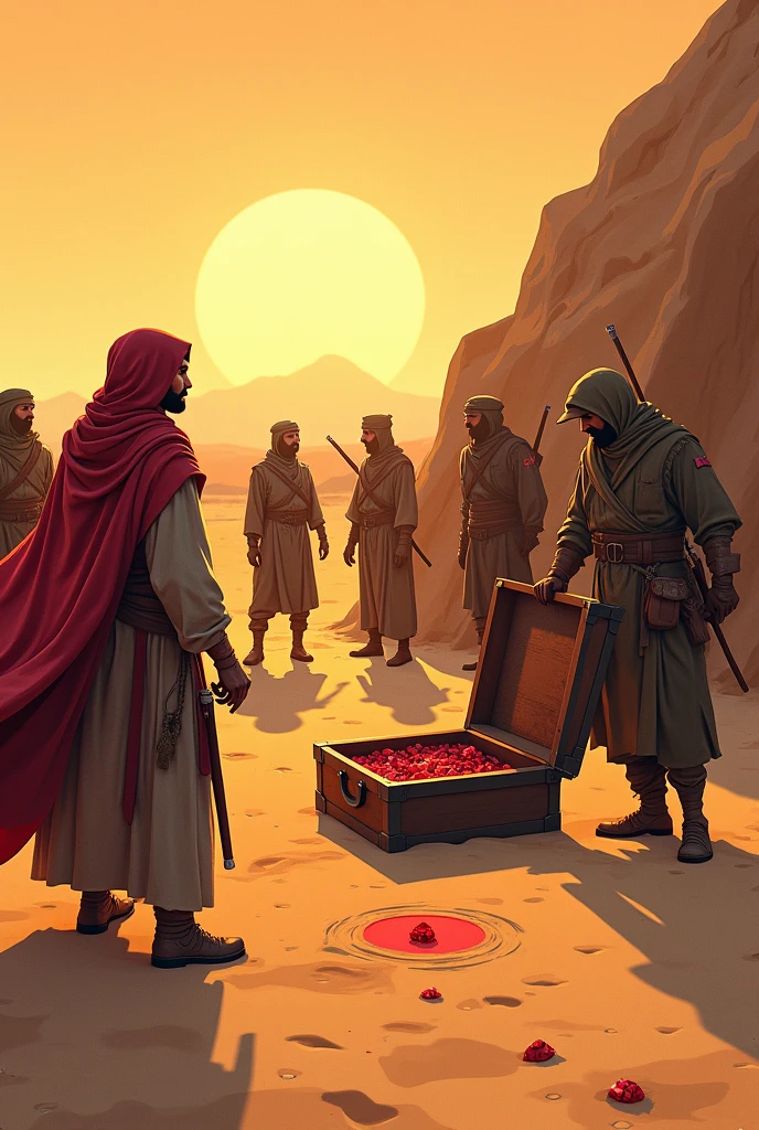 *The Morning After the Heist**
*Illustrate the chaotic scene in the camp the following morning, as Malik discovers the theft. The chest lies open, with the other jewels untouched but the ruby missing. Malik, furious and bewildered, stands over the chest, while the guards look on in shock. The bright morning sun illuminates the camp, and on the ground next to the chest, a single claw mark is etched into the sand as the only trace of the Sandcat's presence. The vast desert stretches out in the background, still and indifferent.*
