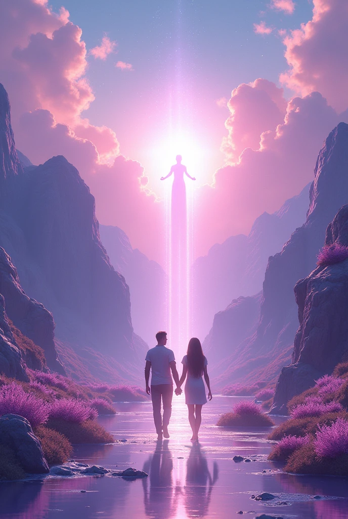 a 3d illustration of the shadow of two people a man and a woman, andando de mãos dadas para um lugar muito sunlit. A beautiful place, full of mountains, sunlit, in shades of lilac and lavender, of the fifth dimension, with vibration, Espiritualidade. There were many crystals and diamonds around, Flowers and Waters. At the end of this path there is the silhouette of a man with illuminated light, No final do caminho. Angelical