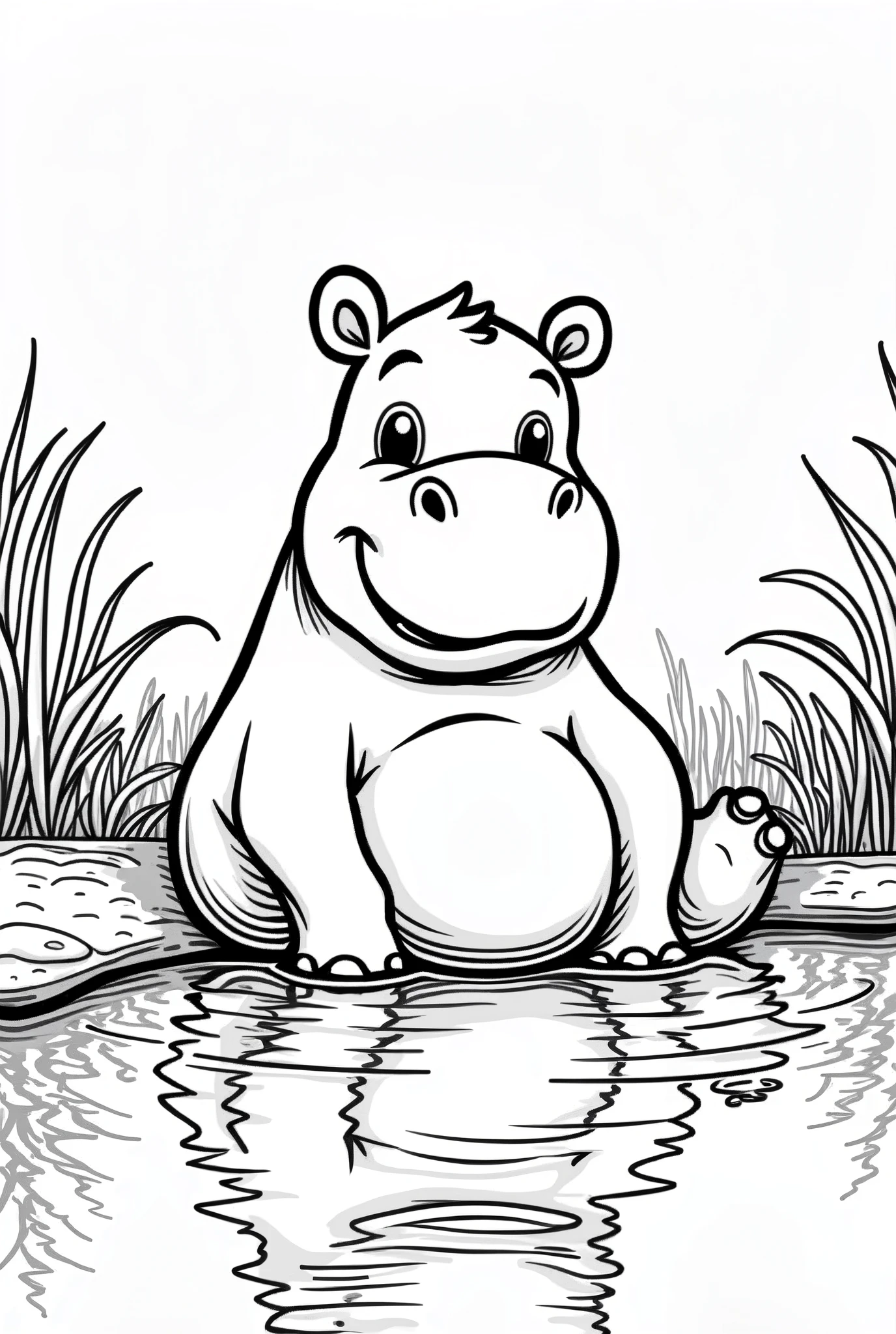 a cute hippo sitting in the water line art, cartoon character, 3d style, high-quality, coloring book, hand draw, lineart, coloring page