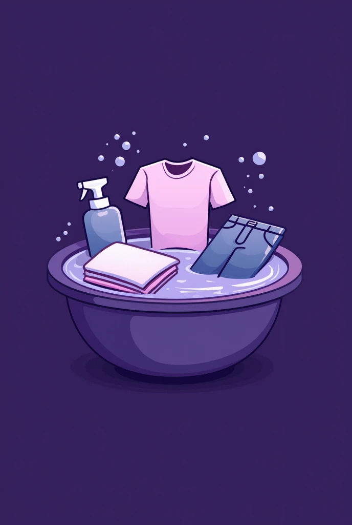 creation d'un logo titré  excellente désinfectant avec l'image des vêtements dans une cuvette de fond mauve foncé 