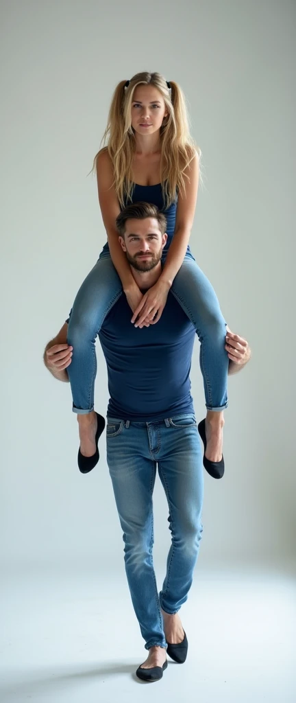 A photograph of a teenage, strong woman with long, blonde hair in pig tails, wearing a fitted, casual blue dress with high heels. She is confidently holding a man on her shoulders, his legs dangling as he appears relaxed and comfortable. The man has a beard and is dressed casually in jeans and a blue shirt. The background is a plain, light-colored studio setting with soft, even lighting that highlights the subjects without any harsh shadows.