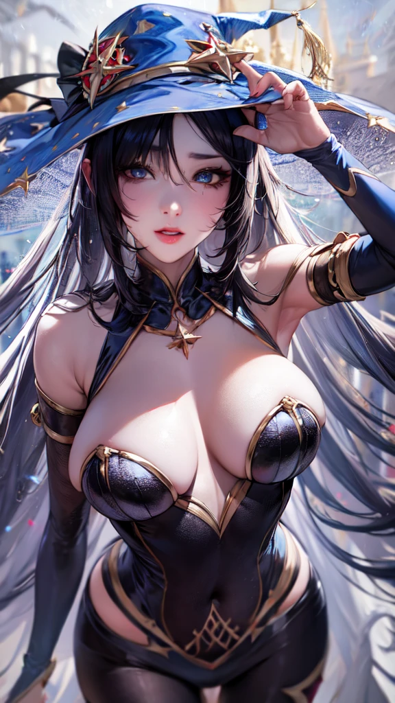 mona, blue eyes, hair between eyes, twintails, very long hair, purple hair, hat, (small breast:1.2, big hips:1.2), witch hat, , (full body), (masterpiece), (best quality), ultra high res, ultra detailed, detailed eyes, intricate, 1girl, looking at viewer, collarbone, ((big hips, tight clothes, cleavage, looking at the viewer)), (abs:0.8), blushed, (realistic:1.2), (realism), (masterpiece:1.2), (best quality), (ultra detailed), (8k, 4k, intricate), (85mm), light particles, lighting, (highly detailed:1.2), (detailed face:1.2), (gradients), colorful, (detailed eyes:1.2), (detailed background), detailed landscape, (dynamic angle:1.2), (rule of third_composition:1.3), (Line of action:1.2), seducing pose,