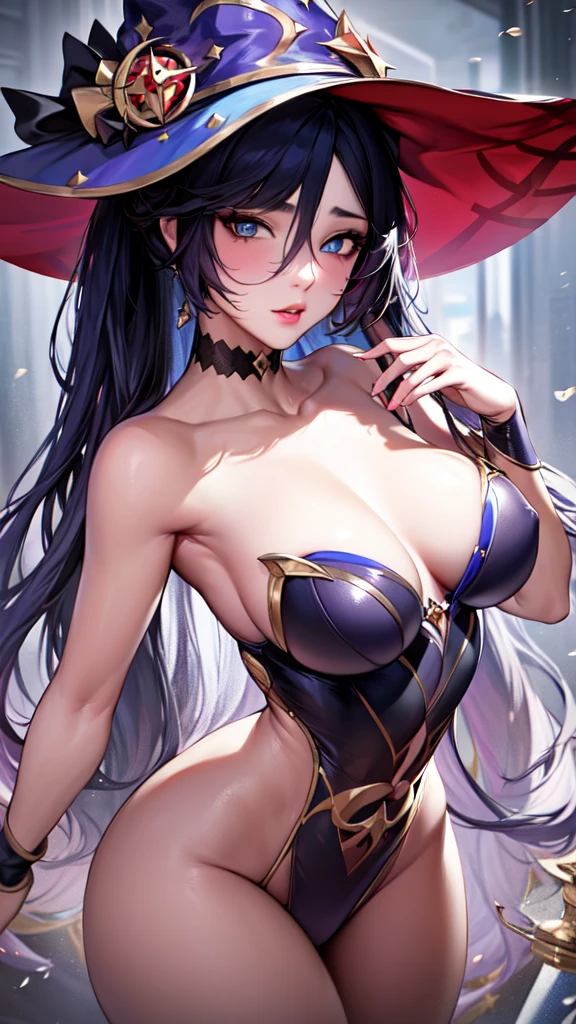 mona, blue eyes, hair between eyes, twintails, very long hair, purple hair, hat, (small breast:1.2, big hips:1.2), witch hat, , (full body), (masterpiece), (best quality), ultra high res, ultra detailed, detailed eyes, intricate, 1girl, looking at viewer, collarbone, ((big hips, tight clothes, cleavage, looking at the viewer)), (abs:0.8), blushed, (realistic:1.2), (realism), (masterpiece:1.2), (best quality), (ultra detailed), (8k, 4k, intricate), (85mm), light particles, lighting, (highly detailed:1.2), (detailed face:1.2), (gradients), colorful, (detailed eyes:1.2), (detailed background), detailed landscape, (dynamic angle:1.2), (rule of third_composition:1.3), (Line of action:1.2), seducing pose,