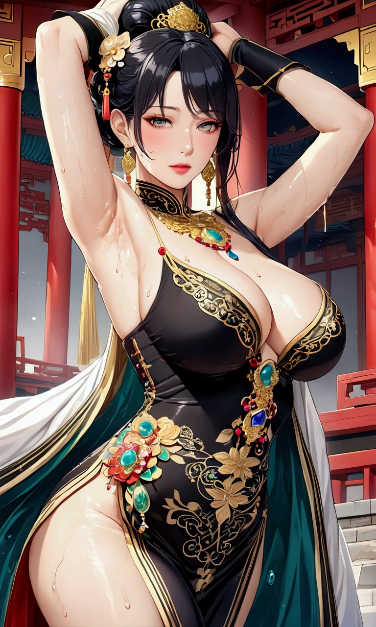 score_9, score_8_Excellent, score_7_Excellent,beautiful衣装を着た中国のgoddessが腋を見せている,beautiful顔の接写(masterpiece, Highest quality, Highest quality, Official Art, beautiful,beautiful:1.2), (One person), Very detailed,colorful, Most detailed, Perfect Face,CG Association Hot Topics, Fantasy art, ((beautifulファンタジー皇后)), Mature Woman,50 years old, Anime goddess, 8K high resolution, Detailed Art, Beautiful and elegant Queen, Very luxurious,gem, Nice, wonderful, Nice, Noble, Noble, arrogant, (Black Hair), (((goddess))), Queen,(((chinese style decoration)),Temple Background,High resolution decoration,非常にbeautifulメイク,Very long eyelashes,Perfect Eyes,Mature Woman,(((Sweaty,Sweat flows down,beautiful汗ばんだ脇の下,Slimy and shiny armpits,脇の下を見せるMature Womanたち)))