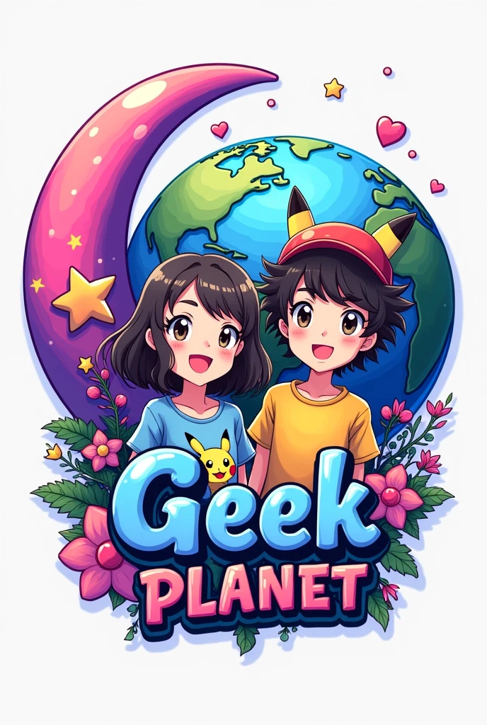 A logo with a world in the background, the pink and purple crescent moon and star heart symbol in the upper left corner in vivid colors, one or two anime figures, a boy with curly wavy hair and a girl with straight hair wearing Pikachu t-shirts and a One Piece hat, and have the name geek planet in the middle