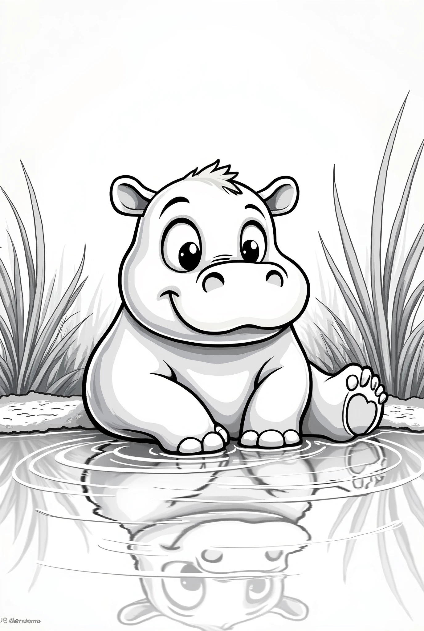 a cute hippo sitting in the water line art, cartoon character, 3d style, high-quality, coloring book, hand draw, lineart, coloring page