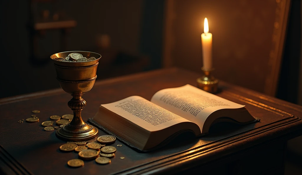 Create a hyper-realistic and mysterious image of an antique study table, where a golden chalice full of gold coins is arranged on one side, and an open book of wisdom on the other. On top of the book, the light of a candle illuminates a sentence in Hebrew, highlighting the importance of wisdom. The chalice should be partially in the shade., while the book and the candle are the focus of illumination, symbolizing that, despite the temptation of gold, It is wisdom that truly lights the way to true prosperity. The scene should be rich in detail and evoke a sense of awe and mystery..