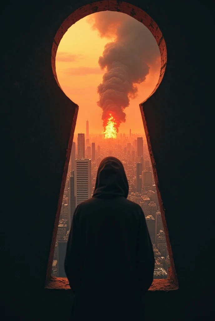Observer looking through keyhole at burning city