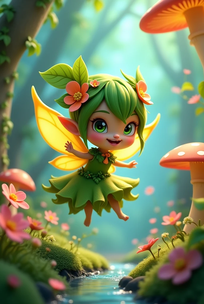 Create a 3D stylized character named 'Fern,' a playful forest sprite that embodies the vibrant energy of nature. Fern should be depicted as a small, agile creature with leaf-like wings, a flowing gown made of vines and flowers, and a mischievous grin. The character should have a bright and lively color palette, with various shades of green, yellow, and soft pinks. The background should feature a lush, enchanted forest with glowing mushrooms, blooming flowers, and a sparkling stream, reflecting the sprite's connection to the natural world.