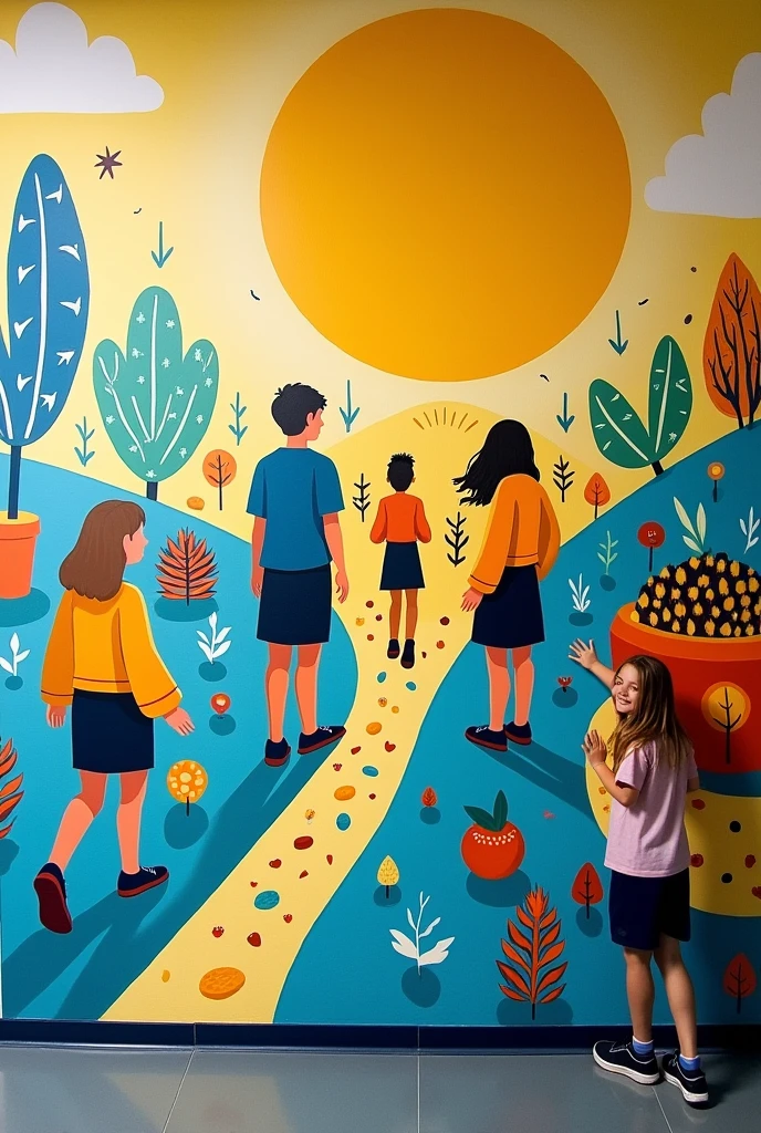 school mural, colors yellow blue and white,  with drawings about leaving a mark, sow harvest