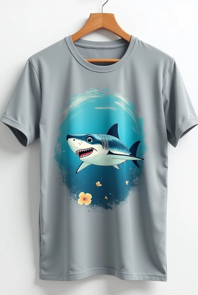 Grey school game shirt with an aquamarine shark in the middle
