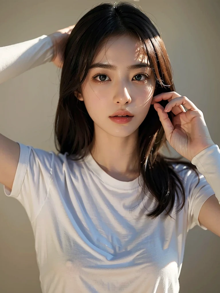 Highest quality、masterpiece、Ultra-high resolution、(Realism:1.4)、 1 person、In a pale background、Deep Shadow、Low Key、Shortcuts、Upper Body、sex appeal、Wearing a thick T-shirt、Cosmetic CM
