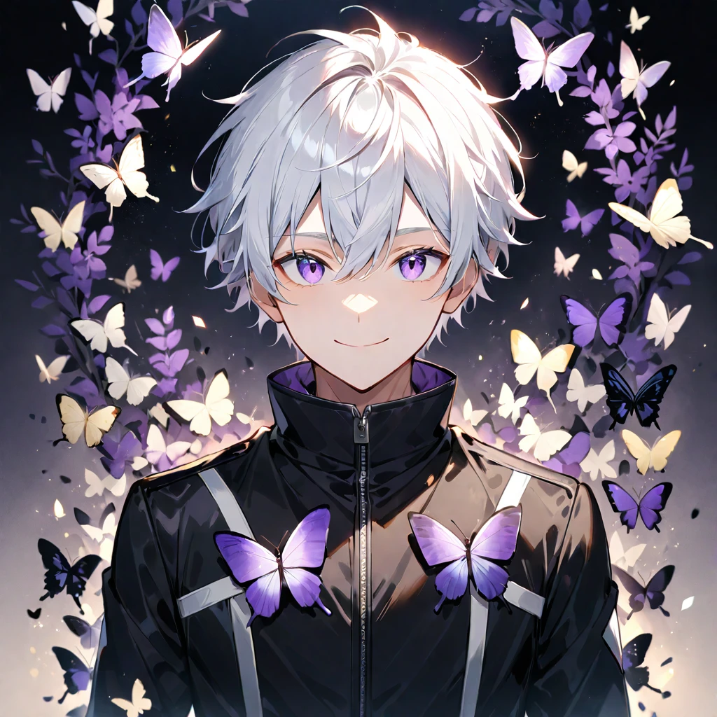solo, looking at viewer, smile, short hair, long sleeves, 1boy, hair between eyes, closed mouth, purple eyes, jacket, upper body, white hair, male focus, black jacket, bug, butterfly, high collar, gojou satoru, ((medium quality)), ((medium quality))