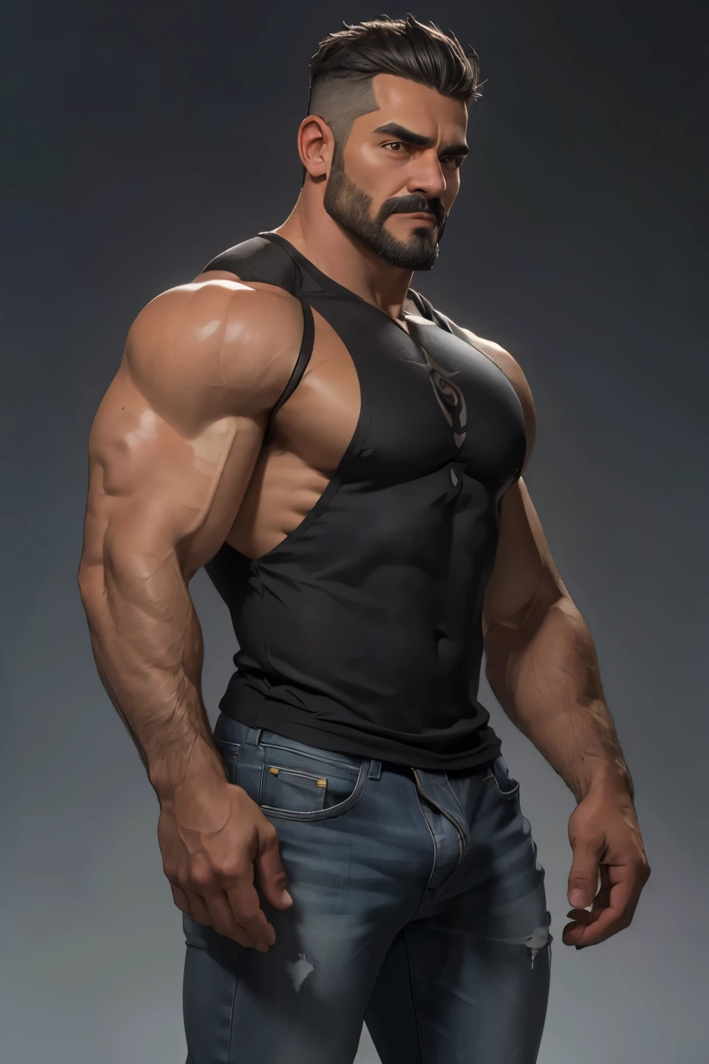 masterpiece, Best Quality, ultra detailed, 1 man, mature male, muscular, piece, Only, sportsman, beef, negro skin, negro, tanned skin, latino, 3, negro hair, gray fur, goatee, too short hair, serious expression, Gray shirt, whole body, science fiction background. jeans backside