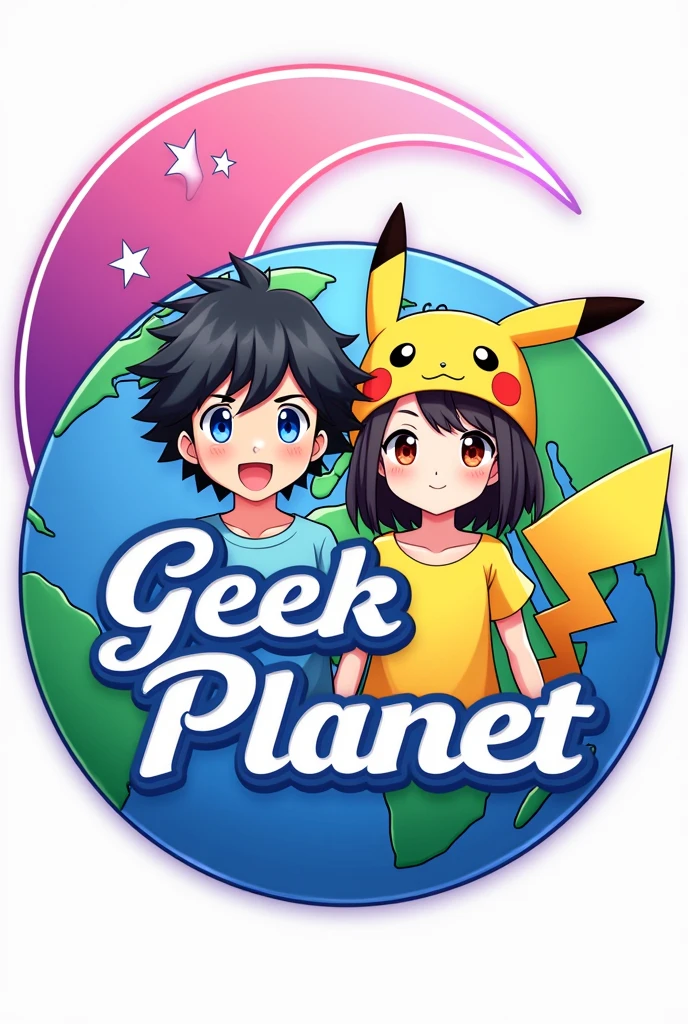 A logo with a world in the background, the pink and purple crescent moon and star heart symbol in the upper left corner in vivid colors, one or two anime figures, a boy with wavy hair and a girl with straight hair, like Pikachu ears, with Pikachu t-shirts and a One Piece hat,  and have the name geek planet in the middle 