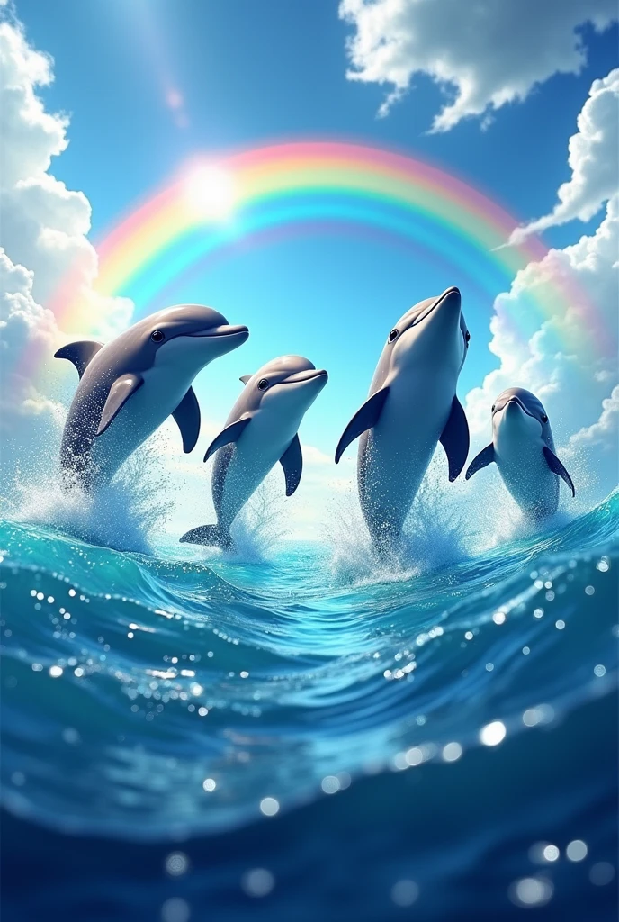 Dolphins jumping in the sea with rainbow and everyone very happy