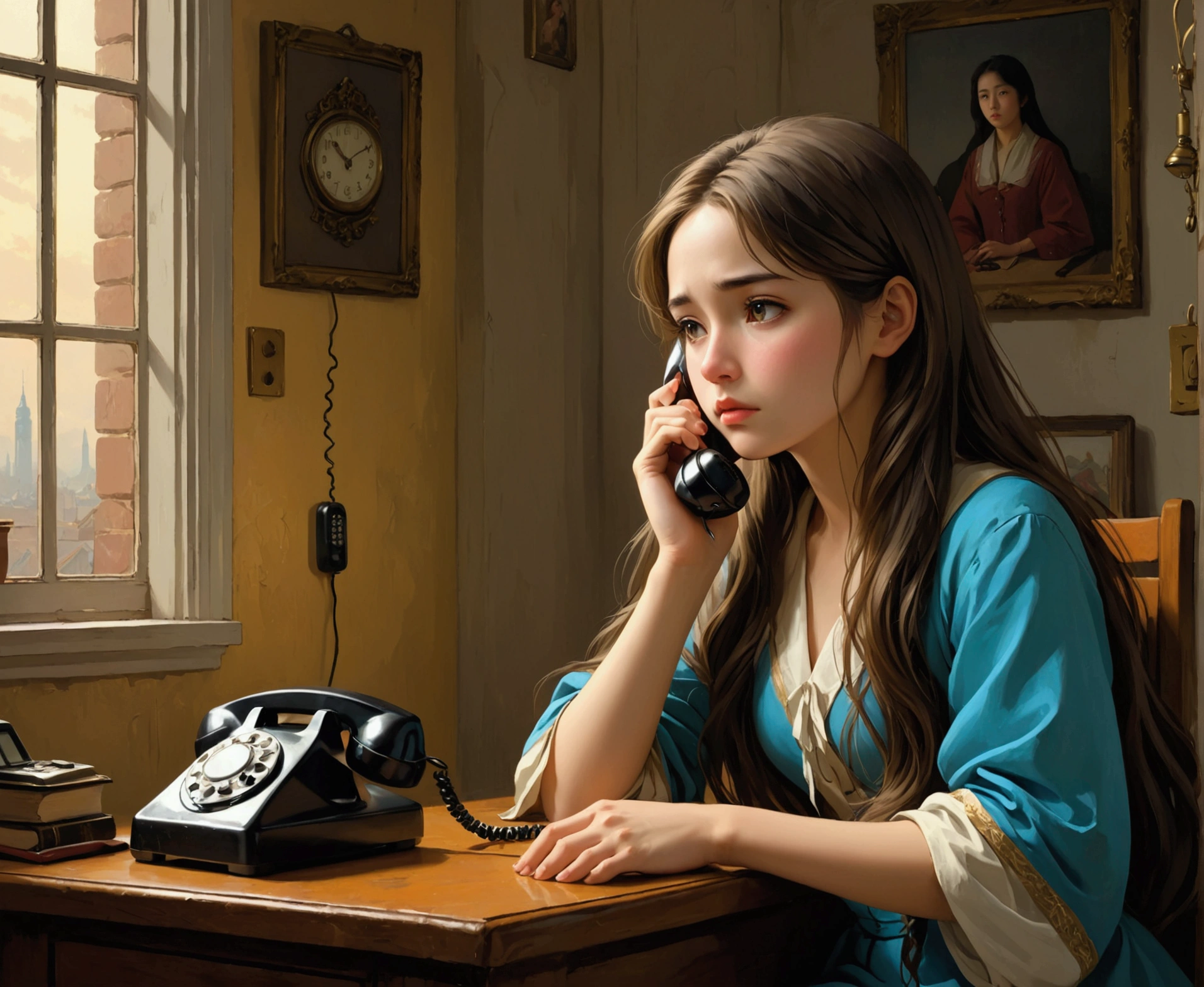 wonderful, masterpiece, Ultra-high resolution, Woman waiting by the phone、8K、Sad face、Long Hair