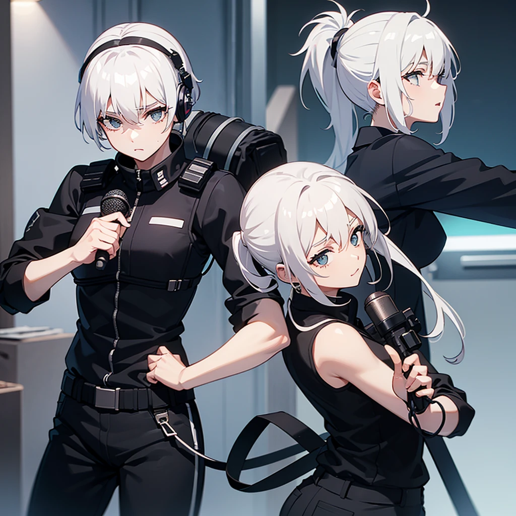 A female SWAT unit with white hair tied in a ponytail and headphones with a microphone.