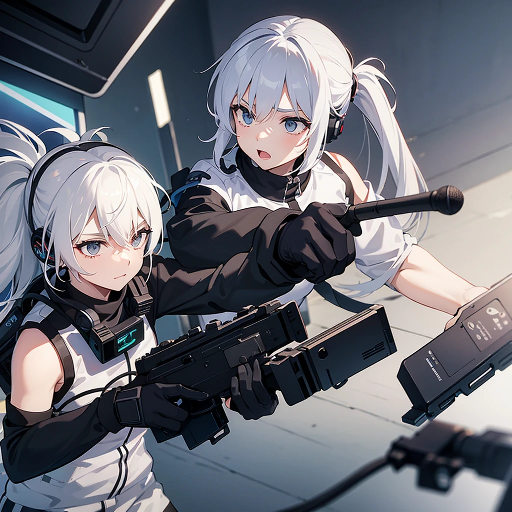 A female SWAT unit with white hair tied in a ponytail and headphones with a microphone.