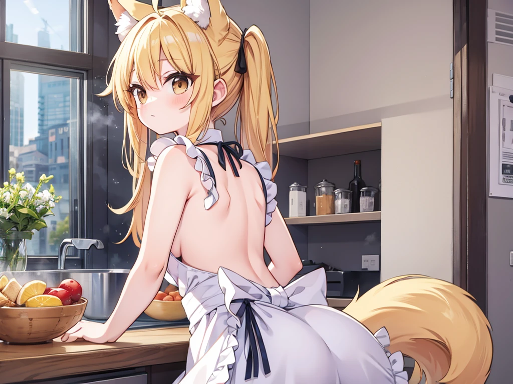 white frilled apron,kitchen,naked apron ,looking back,sideboob
fox ears,fox tail,multiple tails,blonde hair,blonde tail,brown eyes,1girl,,ahoge,BREAK,red eyeshadow,BREAK
masterpiece, best quality,absurdres
