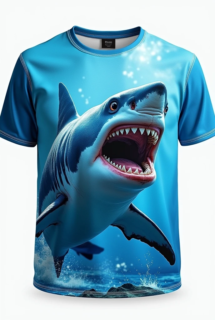 Interclass shirt with an aqua blue shark in the middle 