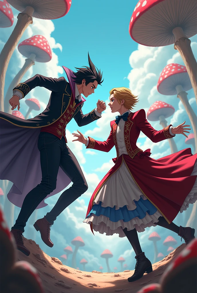  I want Alice, male version and the Queen of Hearts, male, the two fighting, anime version, a little realistic, male, the two