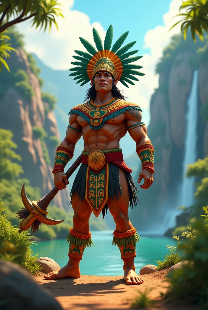 Animated Peruvian Inca warrior doing floor exercises in his Inca attire with no background