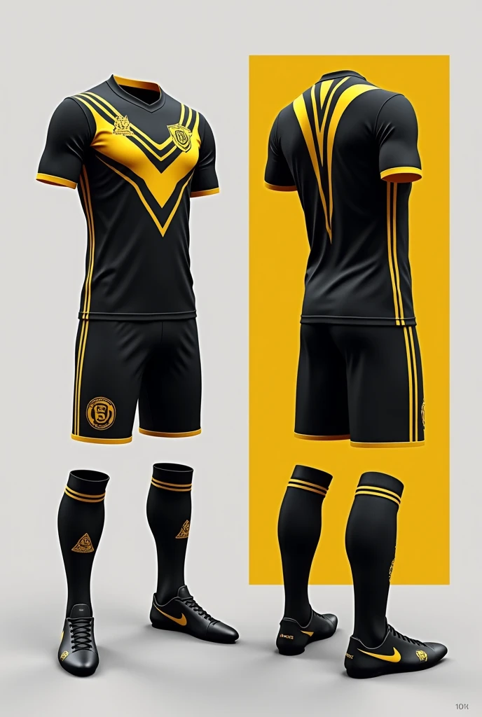Create a black and gold soccer uniform for the team called Pentagon 