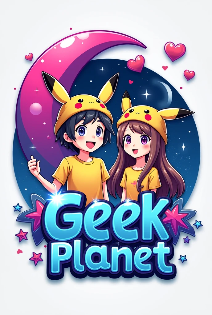 A logo with a world in the background, the pink and purple crescent moon and star heart symbol in the upper left corner in vivid colors, one or two anime figures, a boy with wavy hair and a girl with long straight hair, like Pikachu ears, with Pikachu t-shirts and a One Piece hat,  and have the name geek planet in the middle 