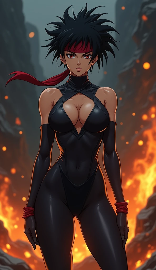 Create a live-action image of a gender-swapped Hiei from Yu Yu Hakusho. As a female, Hiei has an athletic,  build with a larger chest. She wears a black, form-fitting outfit that reveals her midriff and emphasizes her chest, inspired by Hiei’s original dark, ninja-like attire. Her spiky black hair remains, with a red headband tied around her forehead, and her Jagan eye is visible. Her expression is cold and intense, reflecting her ruthless nature. The background is a dark, fiery landscape, with flames and shadows swirling around, capturing her connection to the fire and darkness elements.