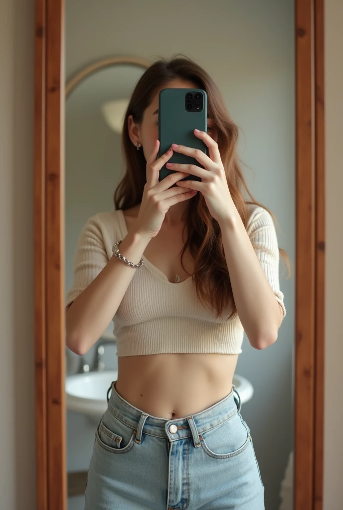 Create a beautiful and busty 8 year old taking a picture in the mirror with her cell phone covering her face.  She's wearing a casual outfit 