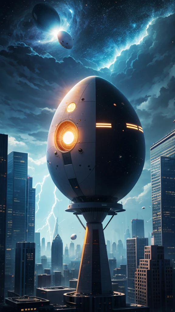 Space egg in a city tunderstorm