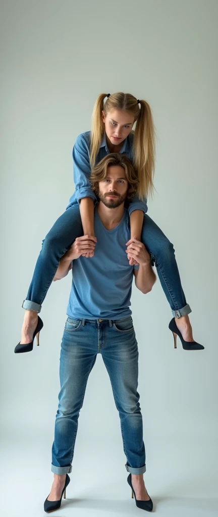 A photograph of a teenage, strong woman with long, blonde hair in pig tails, wearing a fitted, casual blue dress with high heels. She is confidently holding a man on her shoulders, his legs dangling as he appears relaxed and comfortable. The man has a beard and is dressed casually in jeans and a blue shirt. The background is a plain, light-colored studio setting with soft, even lighting that highlights the subjects without any harsh shadows.