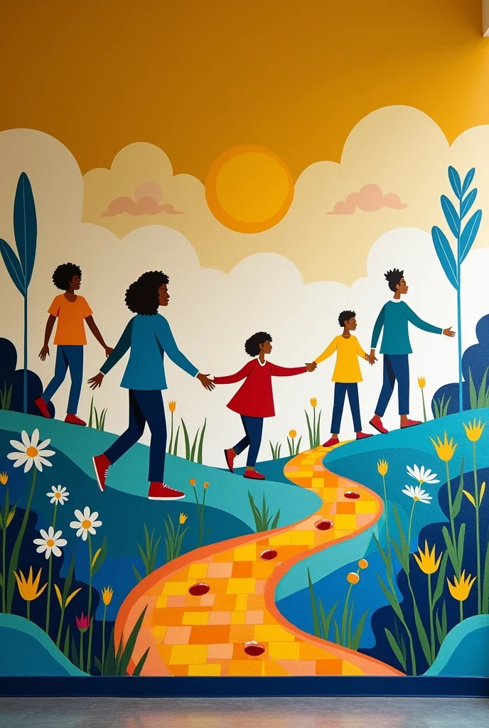 school mural, colors yellow blue and white, with drawings about leaving a mark, sow harvest