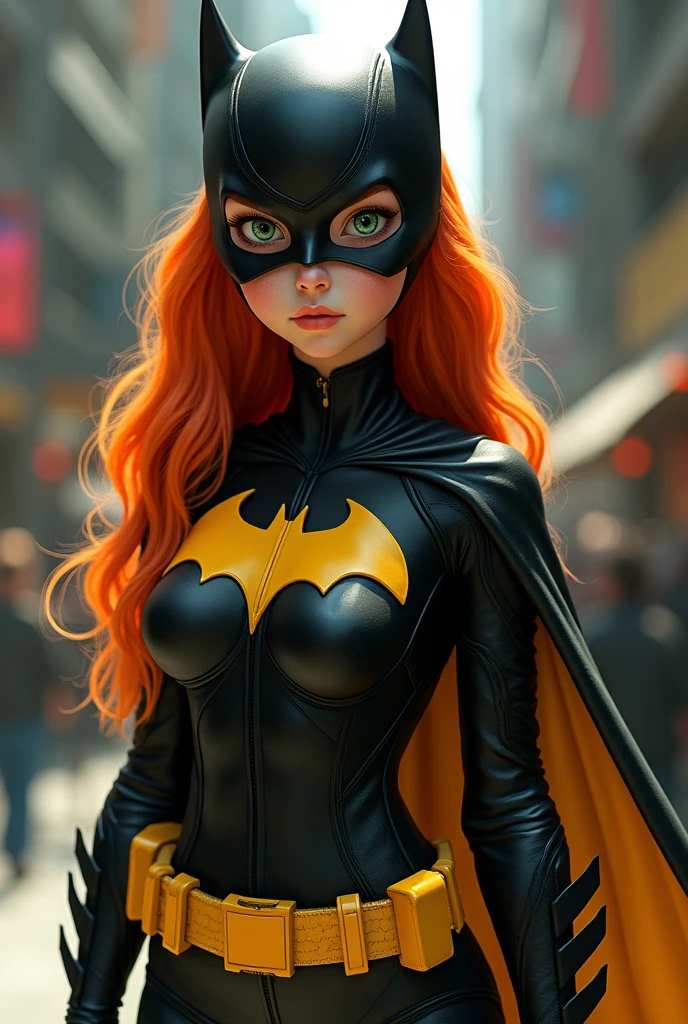 A TEEN FEMALE WITH A HOT BODY, LONG ORANGE HAIR AND GREEN EYES WEARING A COMPLETE BATGIRL COSTUME AND CAPE. ABSURD 8K RESOLUTION, INCREDIBLY DETAILED SKIN AND EYES. FULL BODY VIEW.