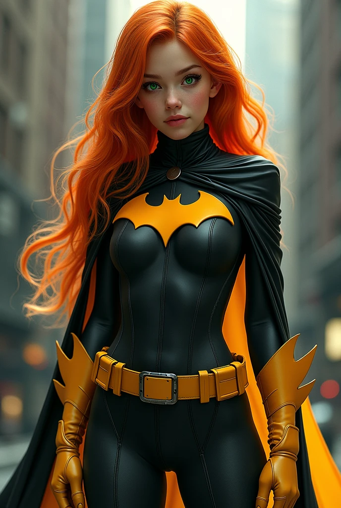 A FEMALE WITH A HOT BODY, LONG ORANGE HAIR AND GREEN EYES WEARING A COMPLETE BATGIRL COSTUME AND CAPE. ABSURD 8K RESOLUTION, INCREDIBLY DETAILED SKIN AND EYES. FULL BODY VIEW.
