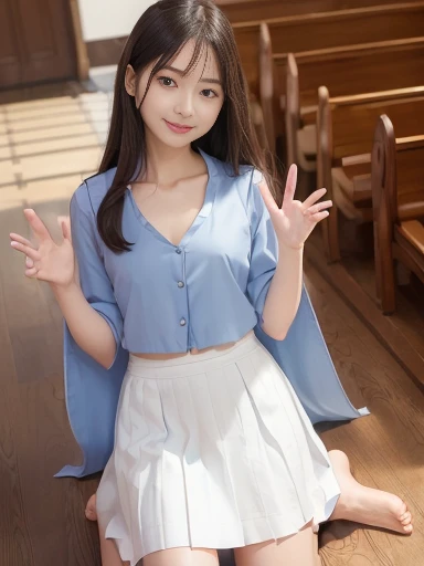 Japanese female, (underweight), (flat chest best quality:1.5), 30 years old, (cheerful grin:1.1),
(cathedral:1.2), happy, kneeling, long hair, (eyes closed1.2), (white blouse), (blue skirt), (put your hands together in front of your chest:1.4), Happy Scene, (full body shot), from below